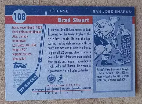 НХЛ Брэд Стюарт Сан-Хосе Шаркс № 108 автограф 1