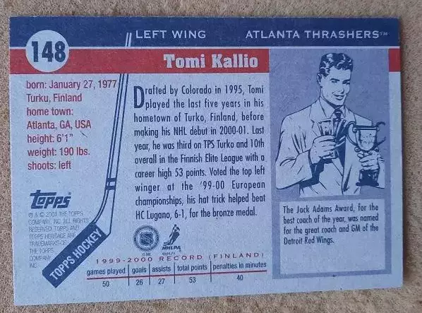 НХЛ Томи Каллио Атланта Трэйшерз № 148 автограф 1