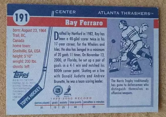НХЛ Рей Ферраро Атланта Трэйшерз № 191 автограф 1