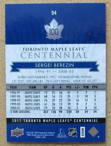 НХЛ Сергей Березин Торонто Мэйпл Лифс Рязань Воскресенск ЦСКА Москва № 94 1