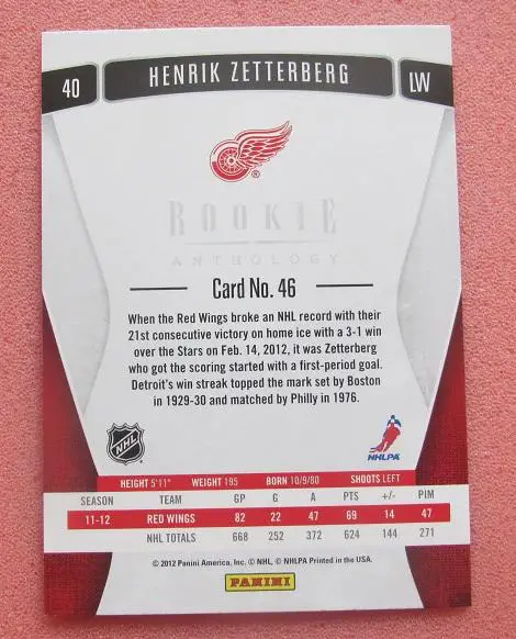 НХЛ Хенрик Зеттерберг Детройт Ред Уингз № 46 1