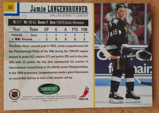 НХЛ Джейми Лангенбруннер Даллас Старз № 60 1