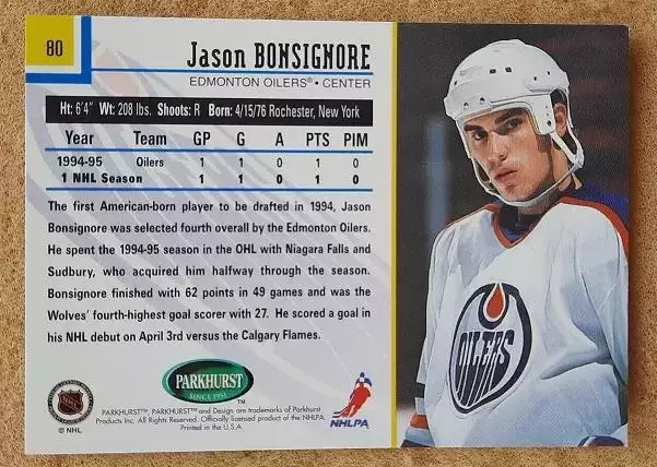 НХЛ Джейсон Бонсиньоре Эдмонтон Ойлерз № 80 1