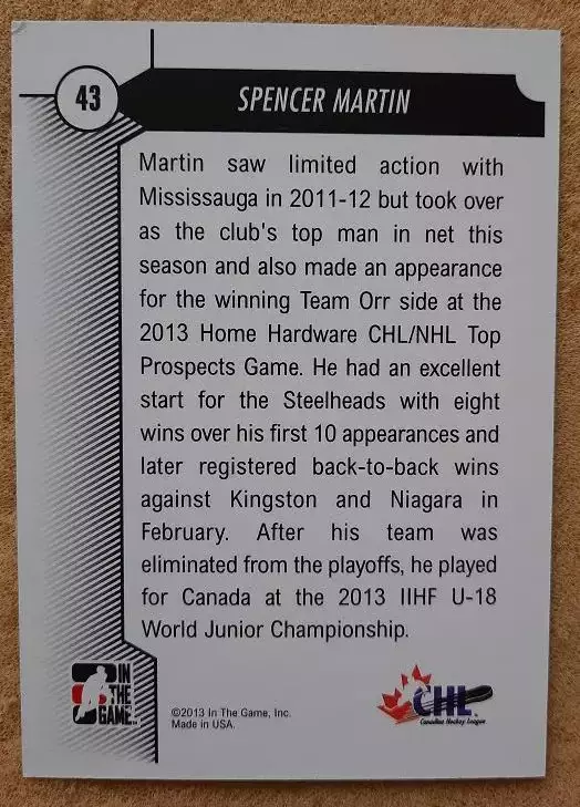 НХЛ Спенсер Мартин Миссиссога Стилхедс ЦСКА Москва № 43 1