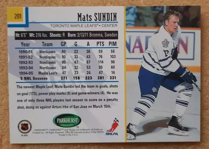 НХЛ Матс Сундин Торонто Мэйпл Лифс № 201 1