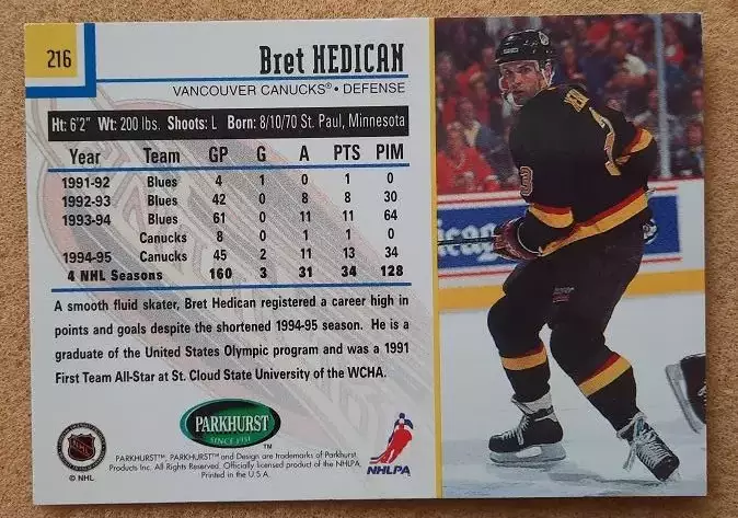 НХЛ Брет Хедикан Ванкувер Кэнакс № 216 1