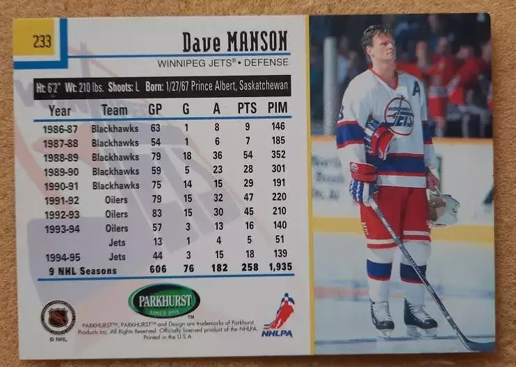 НХЛ Дэйв Мэнсон Виннипег Джетс № 233 1