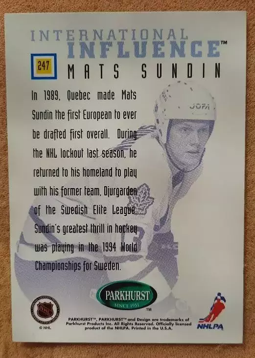 НХЛ Матс Сундин Торонто Мэйпл Лифс № 247 1