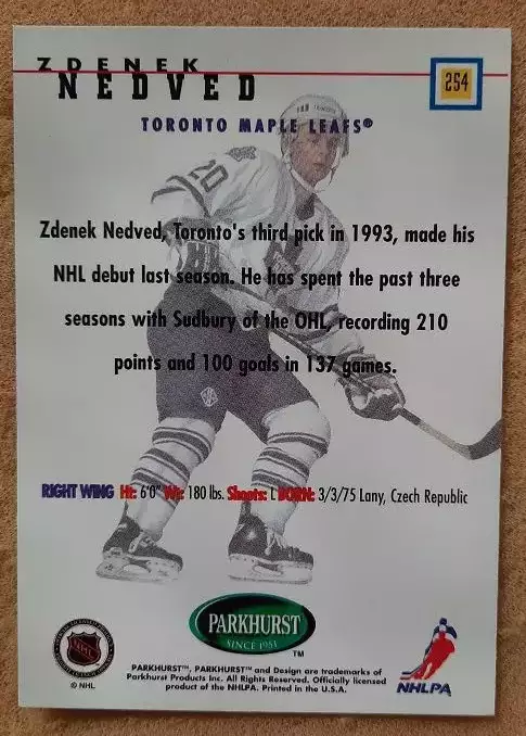 НХЛ Зденек Недвед Торонто Мэйпл Лифс № 254 1