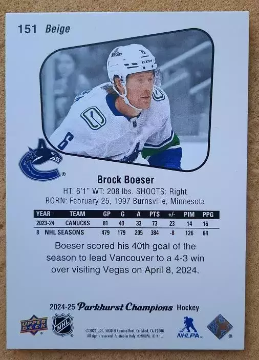 НХЛ Брок Бесер Ванкувер Кэнакс № 151 1