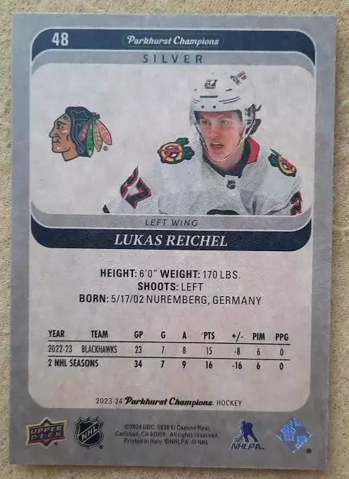 НХЛ Лукас Райхель Чикаго Блэкхокс № 48 сильвер 1