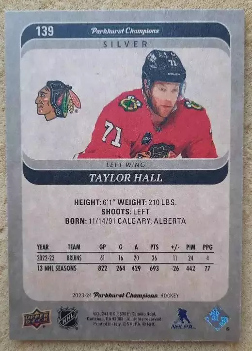 НХЛ Тейлор Холл Чикаго Блэкхокс № 139 сильвер 1