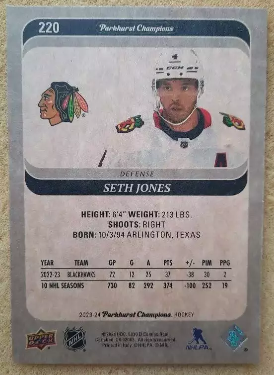 НХЛ Сет Джонс Чикаго Блэкхокс № 220 1