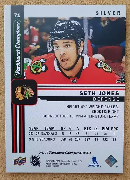 НХЛ Сет Джонс Чикаго Блэкхокс № 71 сильвер 1