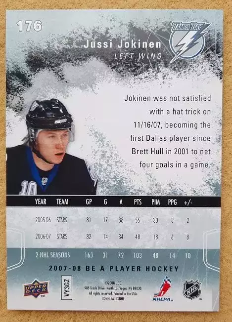 НХЛ Юсси Йокинен Тампа Бэй Лайтнинг № 176 1