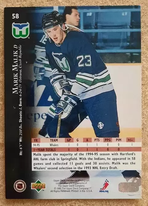 НХЛ Марек Малик Хартфорд Уэйлерс № 58 1