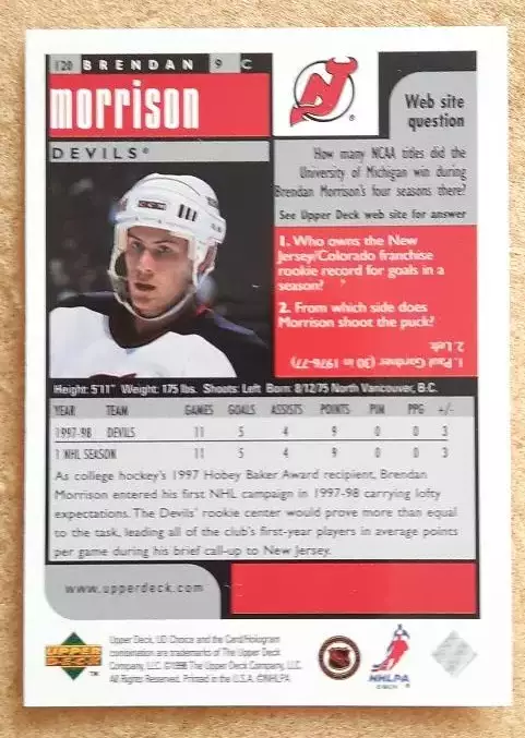 НХЛ Брендон Моррисон Нью-Джерси Дэвилз № 120 1
