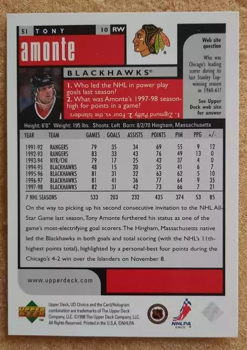 НХЛ Тони Амонте Чикаго Блэкхокс № 51 превью 1