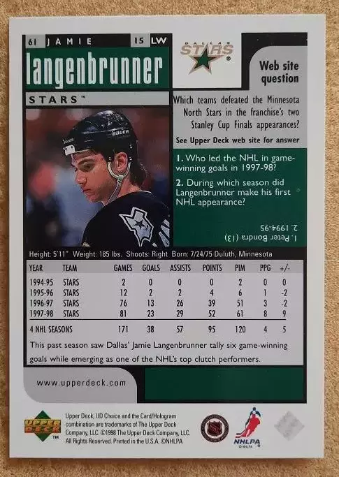 НХЛ Джейми Лангенбруннер Даллас Старз № 61 превью 1