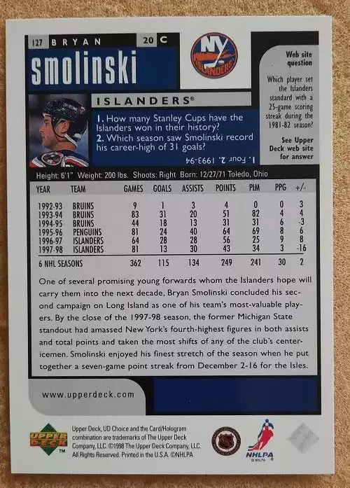 НХЛ Брайан Смолински Нью-Йорк Айлендерс № 127 превью 1