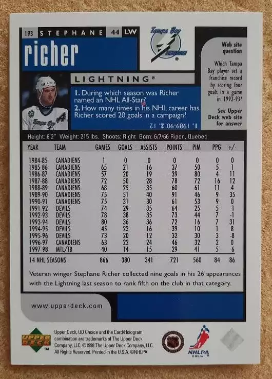 НХЛ Стефан Рише Тампа Бэй Лайтнинг № 193 превью 1