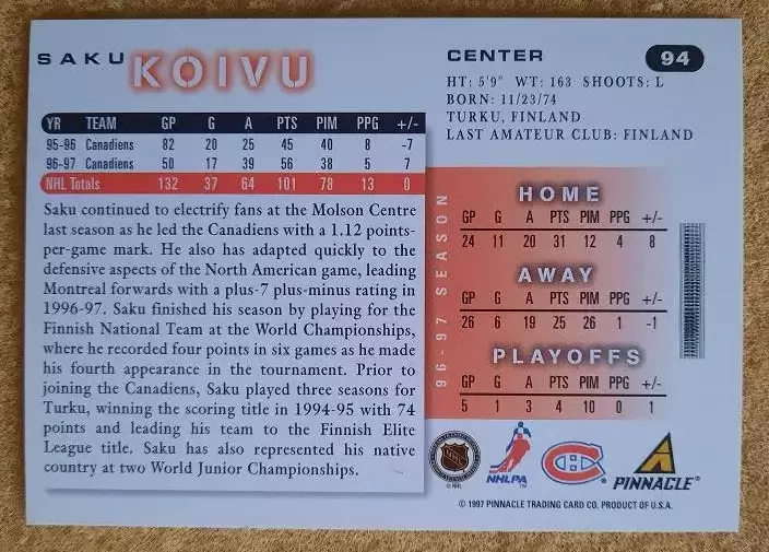 НХЛ Саку Койву Монреаль Канадиенс № 94 1
