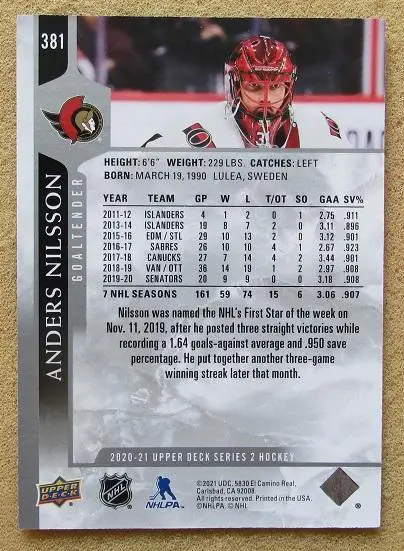 НХЛ Андерс Нильссон Оттава Сенаторз Казань № 381 1