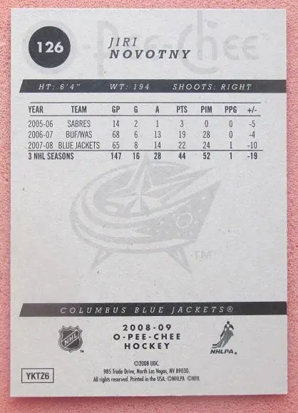 НХЛ Иржи Новотны Коламбус Блю Джекетс № 126 1
