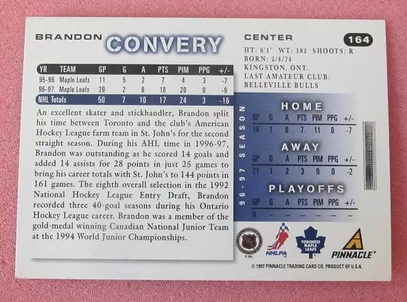 НХЛ Брендон Конвери Торонто Мэйпл Лифс № 164 1