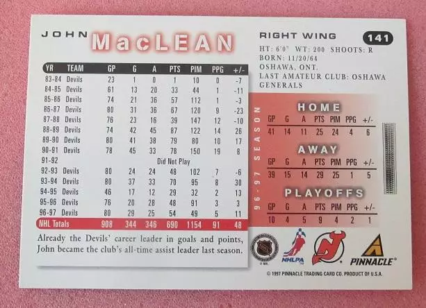 НХЛ Джон Маклин Нью-Джерси Дэвилз № 141 1