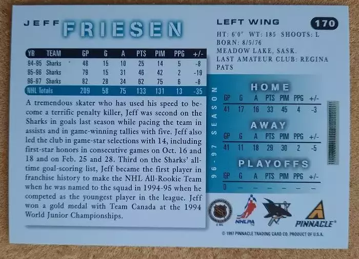 НХЛ Джефф Фризен Сан-Хосе Шаркс № 170 1