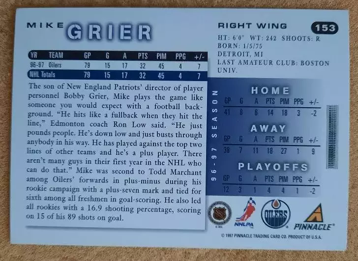 НХЛ Майк Гриер Эдмонтон Ойлерз № 153 1