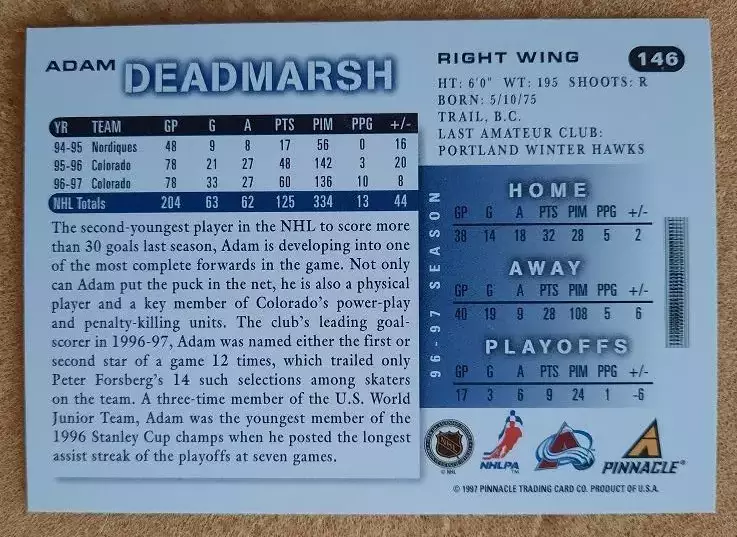 НХЛ Адам Дэдмарш Колорадо Эвеланш № 146 1