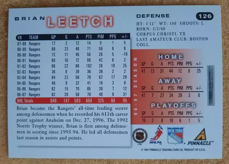 НХЛ Брайан Лич Нью-Йорк Рейнджерс № 126 1