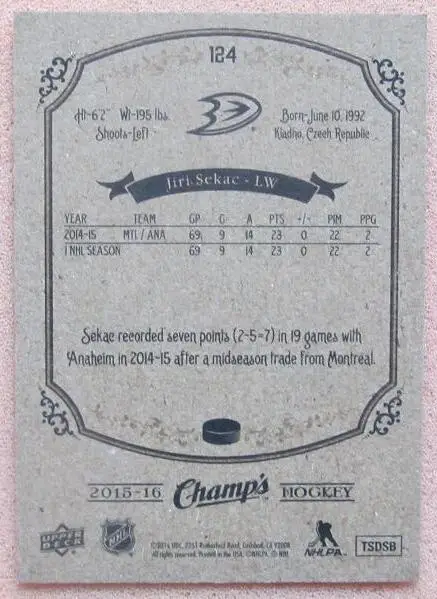 НХЛ Иржи Секач Анахайм Дакс Ак Барс Казань ЦСКА Москва Авангард Омск № 124 1