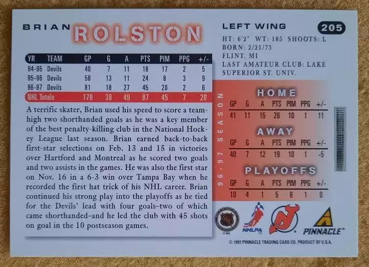 НХЛ Брайан Ролстон Нью-Джерси Дэвилз № 205 1