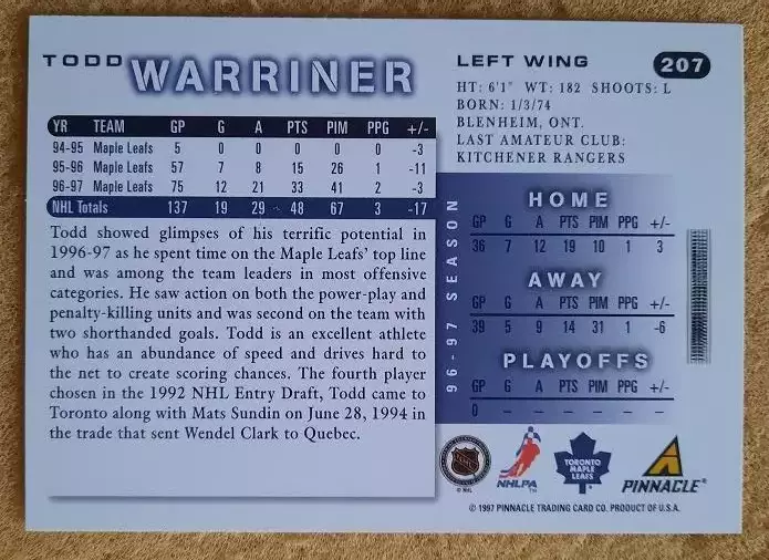 НХЛ Тодд Уорринер Торонто Мэйпл Лифс № 207 1