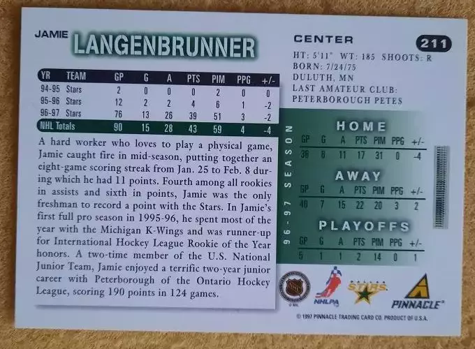 НХЛ Джейми Лангенбруннер Даллас Старз № 211 1