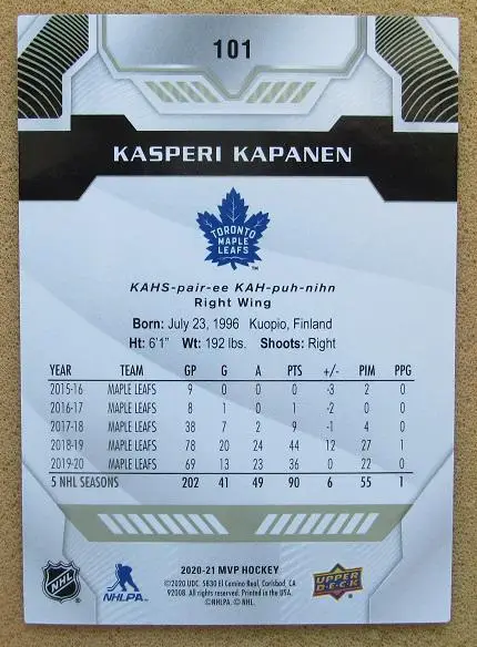НХЛ Каспери Капанен Торонто Мэйпл Лифтс № 101 1