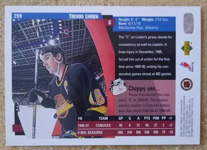 НХЛ Тревор Линден Ванкувер Кэнакс № 259 1