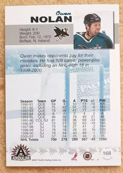 НХЛ Оуэн Нолан Сан-Хосе Шаркс № 168 1