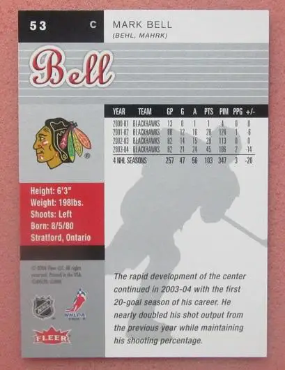 НХЛ Марк Белл Чикаго Блэкхокс № 53 1