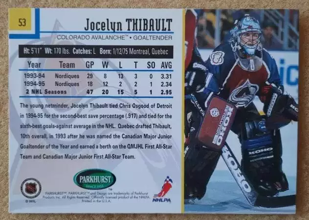 НХЛ Жослен Тибо Колорадо Эвеланш № 53 1