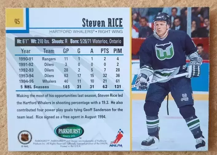 НХЛ Стивен Райс Хартфорд Уэйлерз № 95 1