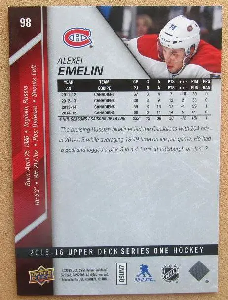 НХЛ Алексей Емелин Монреаль Канадиенс Тольятти Самара Казань № 98 1