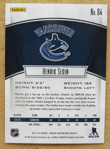 НХЛ Хенрик Седин Ванкувер Кэнакс № 94 1