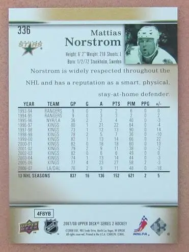 НХЛ Маттиас Норстрем Даллас Старз № 336 1