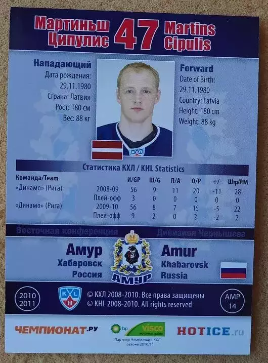 КХЛ Мартиньш Ципулис Амур Хабаровск Латвия № АМР-014 1
