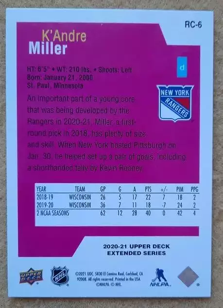 НХЛ К’Андре Миллер Нью-Йорк Рейнджерс № RC - 6 1
