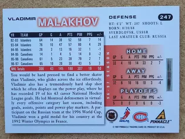 НХЛ Владимир Малахов Монреаль Канадиенс Спартак ЦСКА Москва № 247 1